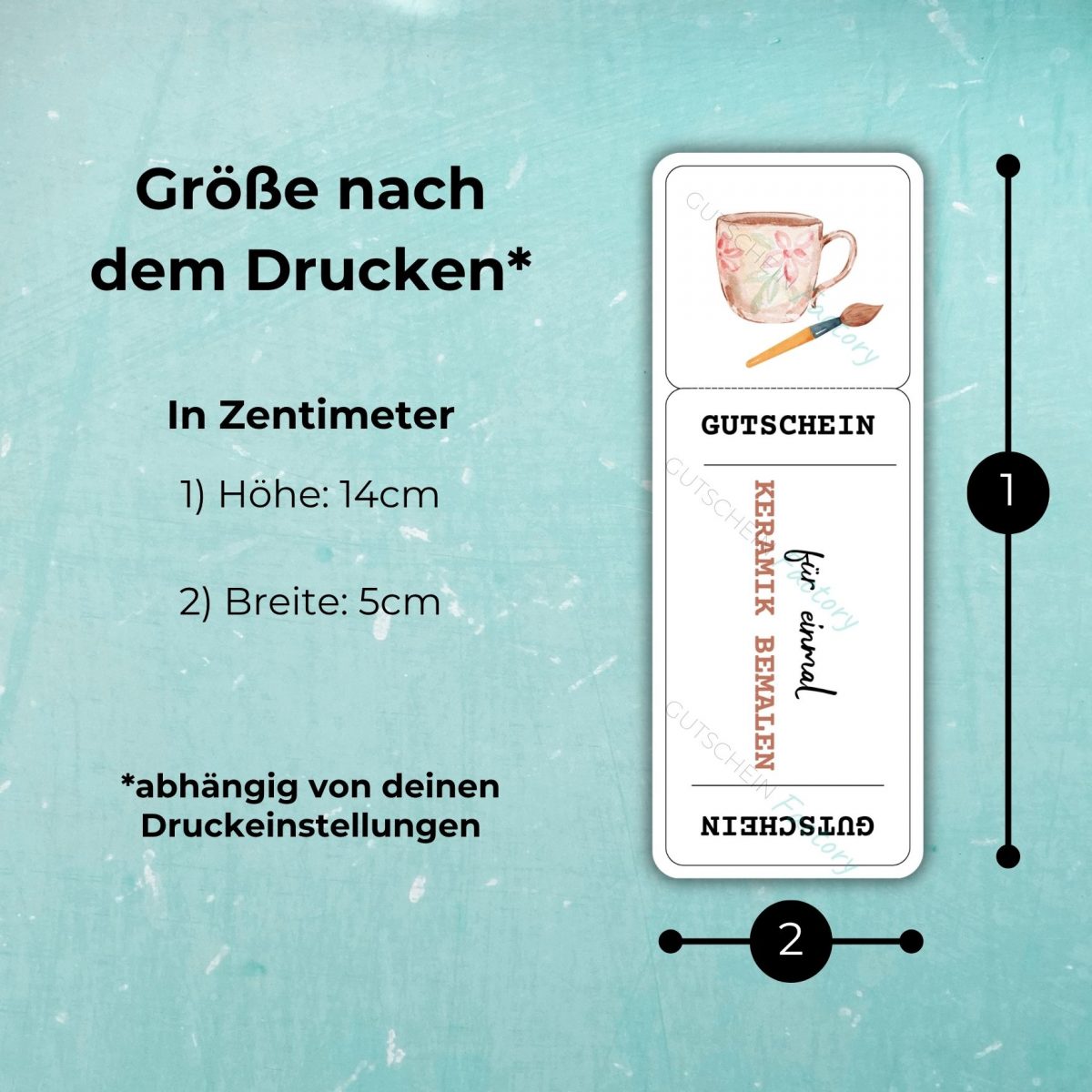 Die Keramik bemalen Gutschein Vorlage hat nach dem Drucken die Maße 14cm x 5cm – abhängig von deinen Druckeinstellungen!
