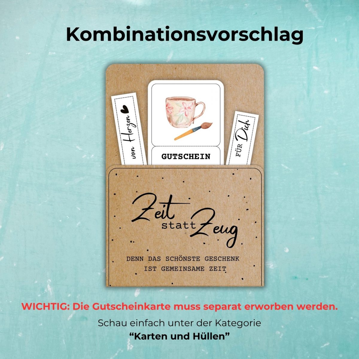 Keramik bemalen Gutschein Vorlage ausdrucken und basteln – einfach kombinieren mit einer Gutscheinkarte, auf der steht „Zeit statt Zeug. Denn das schönste Geschenk ist gemeinsame Zeit.“ Wichtig: Die Gutscheinkarte muss separat erworben werden.
