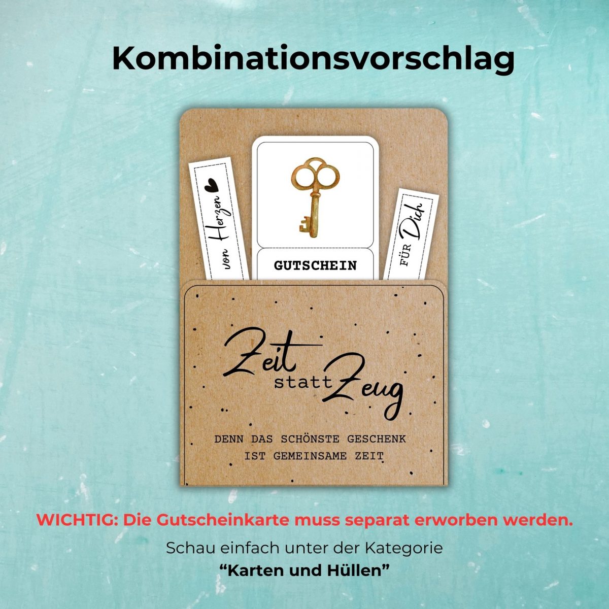 Escape Room Gutschein zum downloaden. Der Gutschein kann mit einer Gutscheinkarte kombiniert werden, auf der steht "Zeit statt Zeug. Denn das schönste Geschenk ist gemeinsame Zeit."