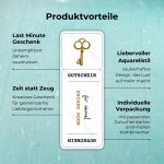 Produktvorteile des Escape Room Gutschein: Last Minute Geschenk - unkompliziert daheim ausdrucken; Zeit statt Zeug - Kreatives Geschenk für gemeinsame Lieblingsmomente; Liebevoller Aquarellstil - zauberhaftes Design, das Lust auf mehr macht; Individuelle Verpackung - mit passenden Gutscheinkarten und -hüllen kombinierbar