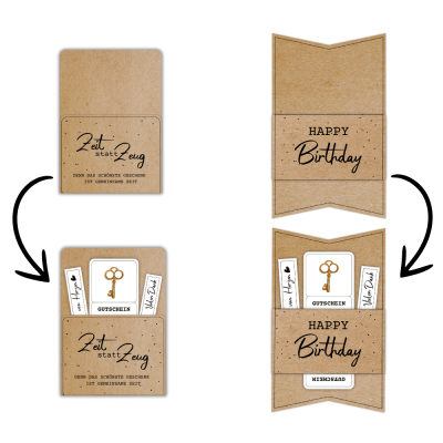 Kombiniere den Escape Room Gutschein mit einer passenden Gutscheinkarte oder -hülle aus meinem Shop. Hier im Beispiel steht auf der Gutscheinverpackung "Zeit statt Zeug. Denn das schönste Geschenk ist gemeinsame Zeit."