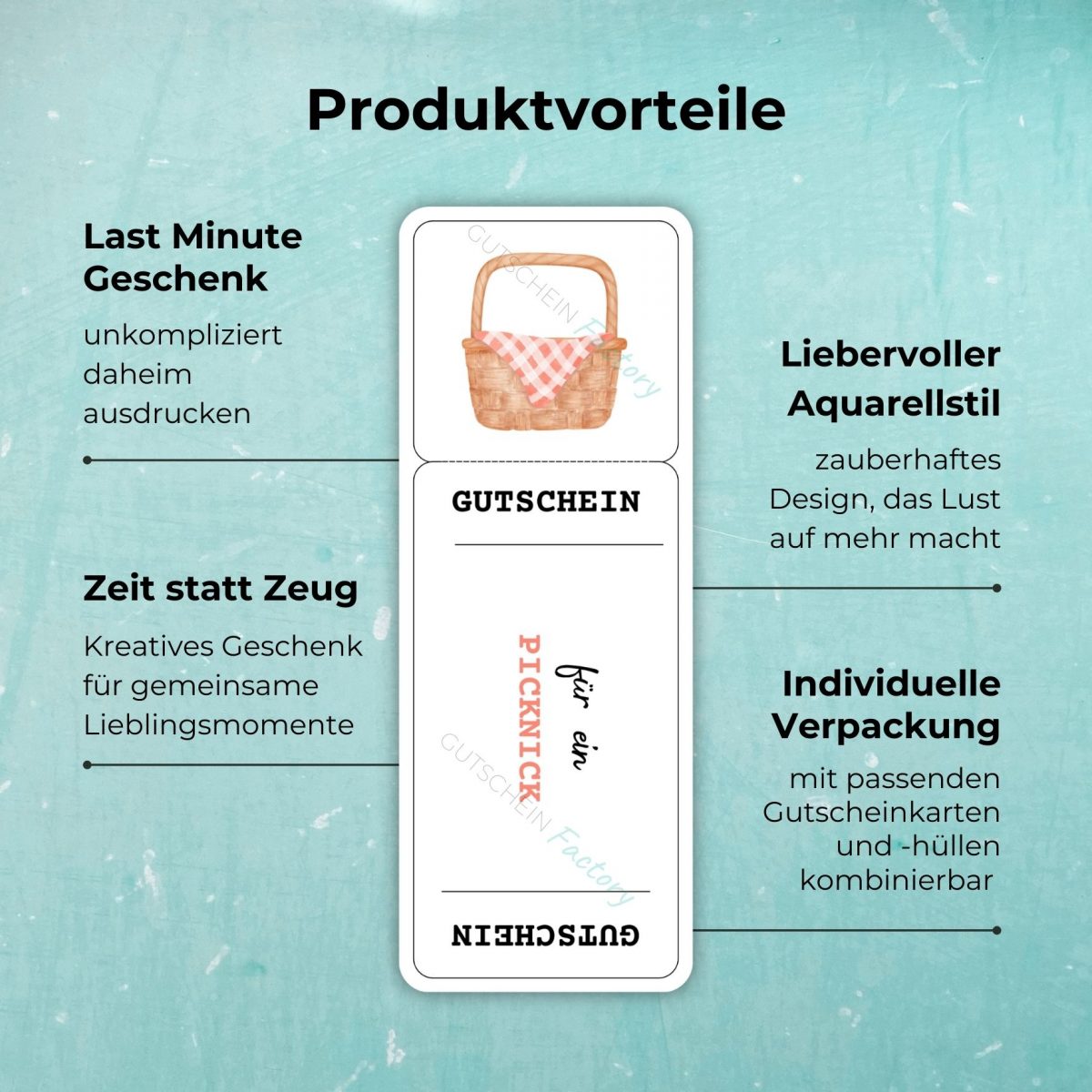 Produktvorteile des Picknickgutschein: Last Minute Geschenk - unkompliziert daheim ausdrucken; Zeit statt Zeug - Kreatives Geschenk für gemeinsame Lieblingsmomente; Liebevoller Aquarellstil - zauberhaftes Design, das Lust auf mehr macht; Individuelle Verpackung - mit passenden Gutscheinkarten und -hüllen kombinierbar