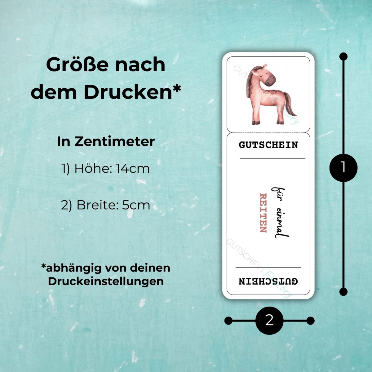 Der Reiten Gutschein hat nach dem Drucken die Maße 14cm x 5cm - abhängig von deinen Druckeinstellungen!