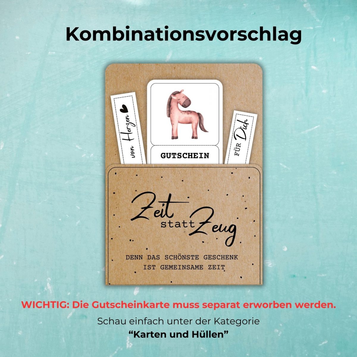 Reiten Gutschein zum downloaden. Der Gutschein kann mit einer Gutscheinkarte kombiniert werden, auf der steht "Zeit statt Zeug. Denn das schönste Geschenk ist gemeinsame Zeit."