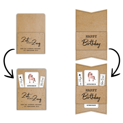 Kombiniere den Reiten Gutschein mit einer passenden Gutscheinkarte oder -hülle aus meinem Shop. Hier im Beispiel steht auf der Gutscheinverpackung "Zeit statt Zeug. Denn das schönste Geschenk ist gemeinsame Zeit."