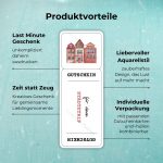 Produktvorteile des Gutschein Städtetrip: Last Minute Geschenk - unkompliziert daheim ausdrucken; Zeit statt Zeug - Kreatives Geschenk für gemeinsame Lieblingsmomente; Liebevoller Aquarellstil - zauberhaftes Design, das Lust auf mehr macht; Individuelle Verpackung - mit passenden Gutscheinkarten und -hüllen kombinierbar