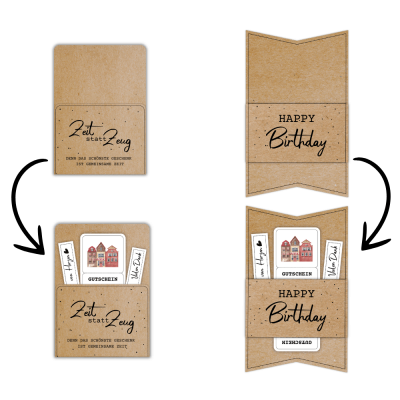 Kombiniere den Städtetrip Gutschein mit einer passenden Gutscheinkarte oder -hülle aus meinem Shop. Hier im Beispiel steht auf der Gutscheinverpackung "Zeit statt Zeug. Denn das schönste Geschenk ist gemeinsame Zeit."