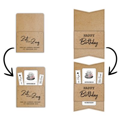 Kombiniere den Therme Gutschein mit einer passenden Gutscheinkarte oder -hülle aus meinem Shop. Hier im Beispiel steht auf der Gutscheinverpackung "Zeit statt Zeug. Denn das schönste Geschenk ist gemeinsame Zeit."