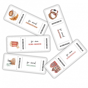 Gutscheinideen für deinen Gutschein zum selber basteln: Frühstücken, Klettern, Kino, Städtetrip, Wellness.