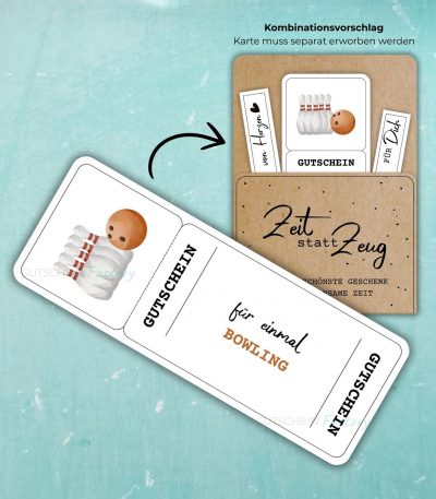 Bowling Gutschein Vorlage zum Ausdrucken. Auf der Gutscheinvorlage sind eine Bowlingkugel und Kegel abgebildet.