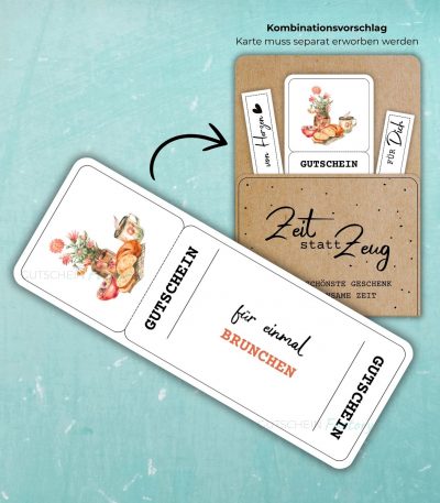 Brunch Gutschein Vorlage zum Ausdrucken. Auf der Gutscheinvorlage ist ein Blumenstrauß mit Frühstücksutensilien abgebildet.