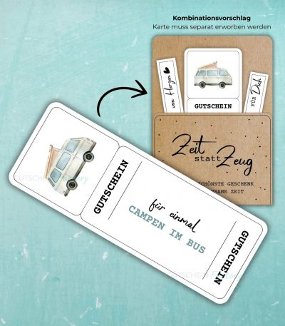 Camping Gutschein zum Ausdrucken. Auf der Gutscheinvorlage ist ein Campingbus abgebildet.