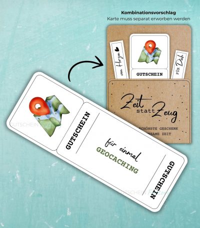 Geocaching Gutschein zum Ausdrucken. Auf der Gutscheinvorlage ist eine Landkarte mit einem roten Pin abgebildet.