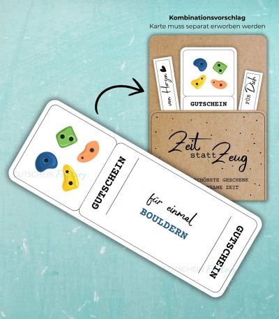 Gutschein Bouldern Vorlage zum Ausdrucken. Auf der Gutscheinvorlage sind farbige Klettergriffe abgebildet.