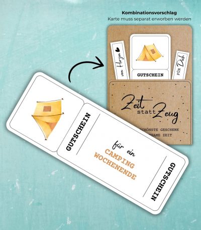 Gutschein Camping Wochenende zum Ausdrucken. Auf der Gutscheinvorlage ist ein gelbes Zelt abgebildet.