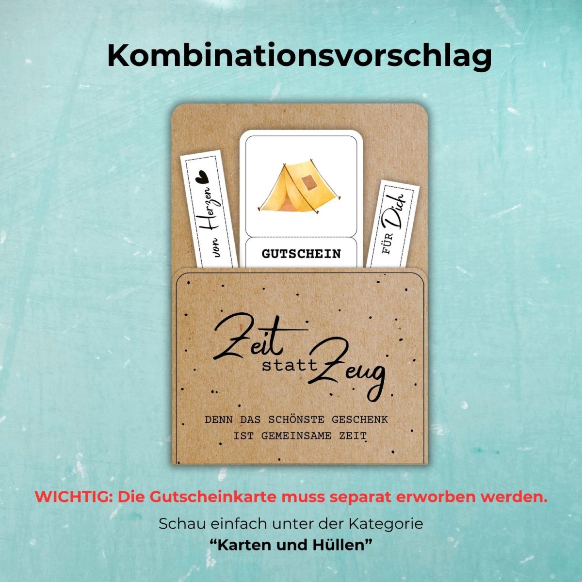 Gutschein Camping Wochenende ausdrucken und basteln – einfach kombinieren mit einer Gutscheinkarte, auf der steht "Zeit statt Zeug. Denn das schönste Geschenk ist gemeinsame Zeit." Wichtig: Die Gutscheinkarte muss separat erworben werden.
