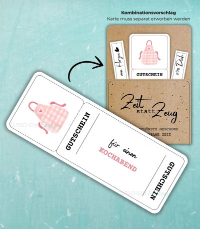 Kochabend Gutschein Vorlage zum Ausdrucken. Auf der Gutscheinvorlage ist eine rosa Kochschürze mit einem Herz abgebildet.