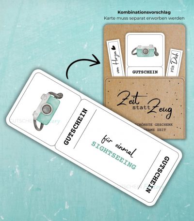 Sightseeing Gutschein Vorlage zum Ausdrucken. Auf der Gutscheinvorlage ist ein türkiser Fotoapparat abgebildet.