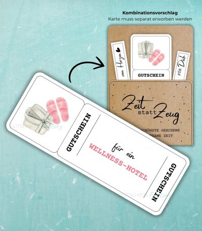 Wellness Wochenende Gutschein Vorlage zum Ausdrucken. Auf der Gutscheinvorlage sind ein Bademantel und Badeschuhe abgebildet.