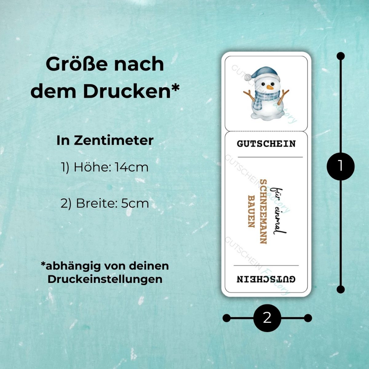 Weihnachts-Gutschein Druckvorlage mit Maßangaben: Höhe 14 cm, Breite 5 cm (abhängig von den Druckeinstellungen)