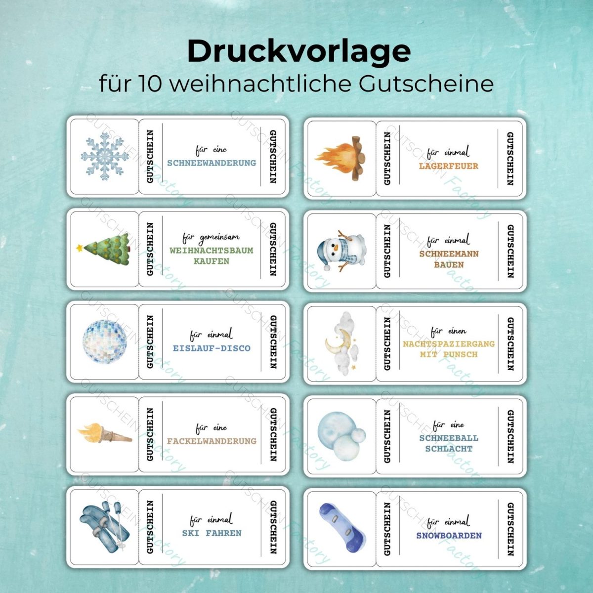 Weihnachts-Druckvorlage Bundle ‚Winterlich & aktiv‘ mit 10 Gutscheinen zum Ausdrucken – darunter ‚für eine Schneewanderung‘, ‚für einen Nachspaziergang mit Punsch‘, ‚für einmal Snowboarden‘, ‚für eine Fackelwanderung‘ oder ‚für einen Weihnachtsbaum kaufen‘.