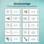 Weihnachts-Druckvorlage Bundle ‚Winterlich & aktiv‘ mit 10 Gutscheinen zum Ausdrucken – darunter ‚für eine Schneewanderung‘, ‚für einen Nachspaziergang mit Punsch‘, ‚für einmal Snowboarden‘, ‚für eine Fackelwanderung‘ oder ‚für einen Weihnachtsbaum kaufen‘.