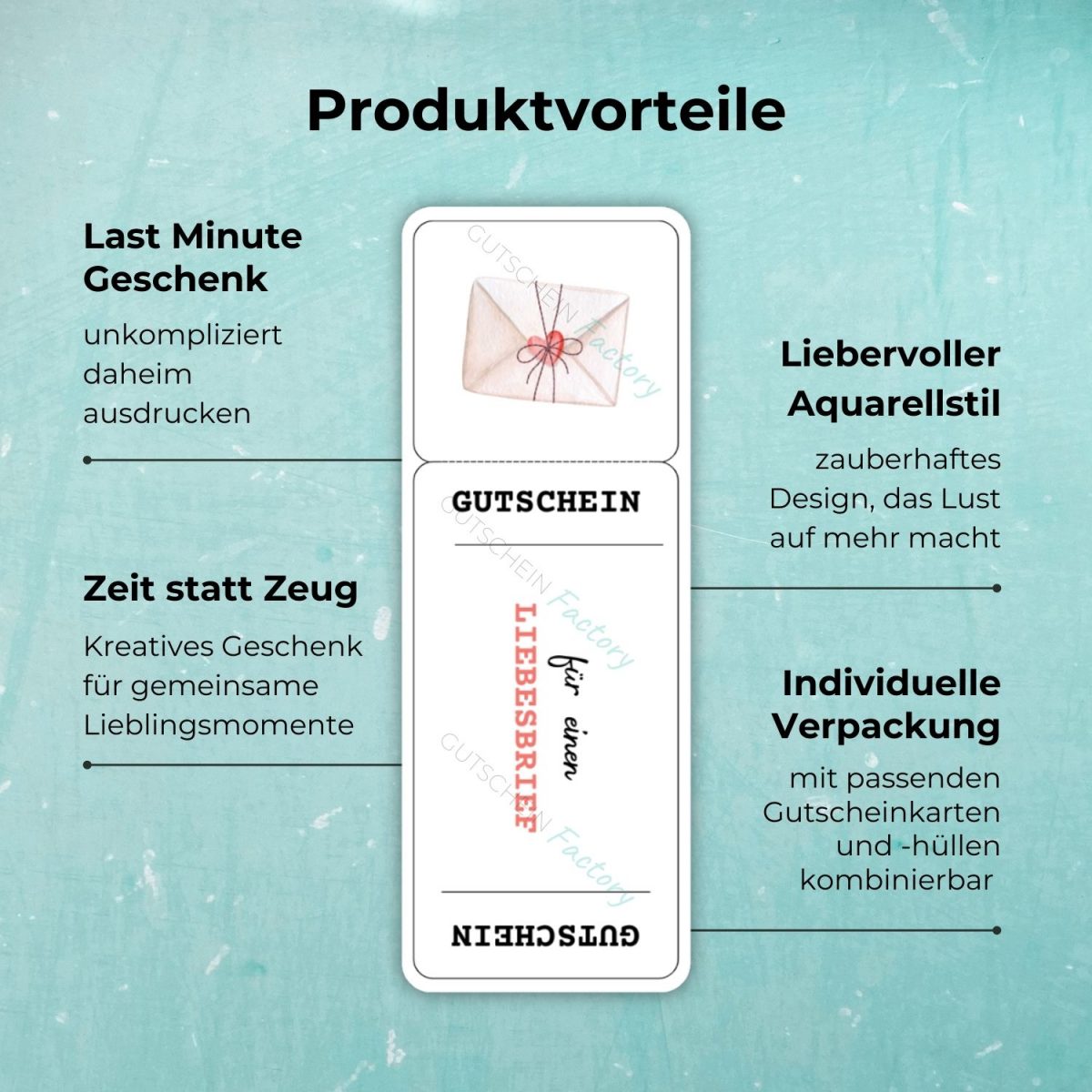 Produktvorteile der Weihnachts-Gutschein Vorlage für Weihnachtsmomente zu zweit: Last Minute Geschenk unkompliziert daheim ausdrucken, ‚Zeit statt Zeug‘ für gemeinsame Lieblingsmomente, liebevoller Aquarellstil, individuelle Verpackung mit Karten und Hüllen kombinierbar