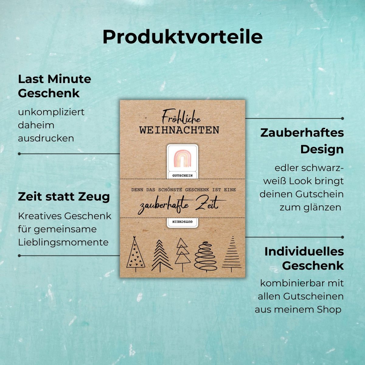 Produktvorteile: Last Minute Geschenk unkompliziert daheim ausdrucken, Zeit statt Zeug – kreatives Geschenk für gemeinsame Lieblingsmomente, zauberhaftes Design, individuelles Geschenk kombinierbar mit allen Gutscheinen.