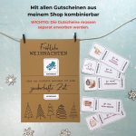 Mit allen Gutscheinen aus dem Shop kombinierbar – Hinweis: Gutscheine müssen separat erworben werden. Abgebildet sind Gutscheine wie „für einen Kino-Besuch“, „für einmal Frühstücken“ oder „für eine Fackelwanderung“. Gutscheinposter mit Text „Fröhliche Weihnachten – Denn das schönste Geschenk ist eine zauberhafte Zeit“. Gutschein verpacken Weihnachten als kreative PDF Geschenkidee.