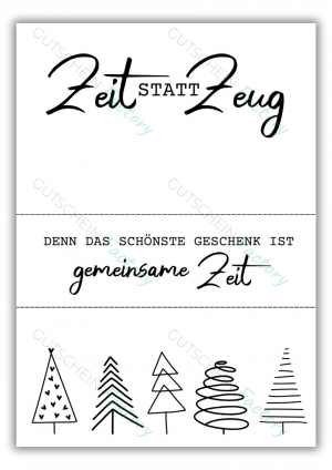 Druckvorlage für ein Gutscheinposter mit der Aufschrift "Zeit statt Zeug. Denn das schönste Geschenk ist gemeinsame Zeit."