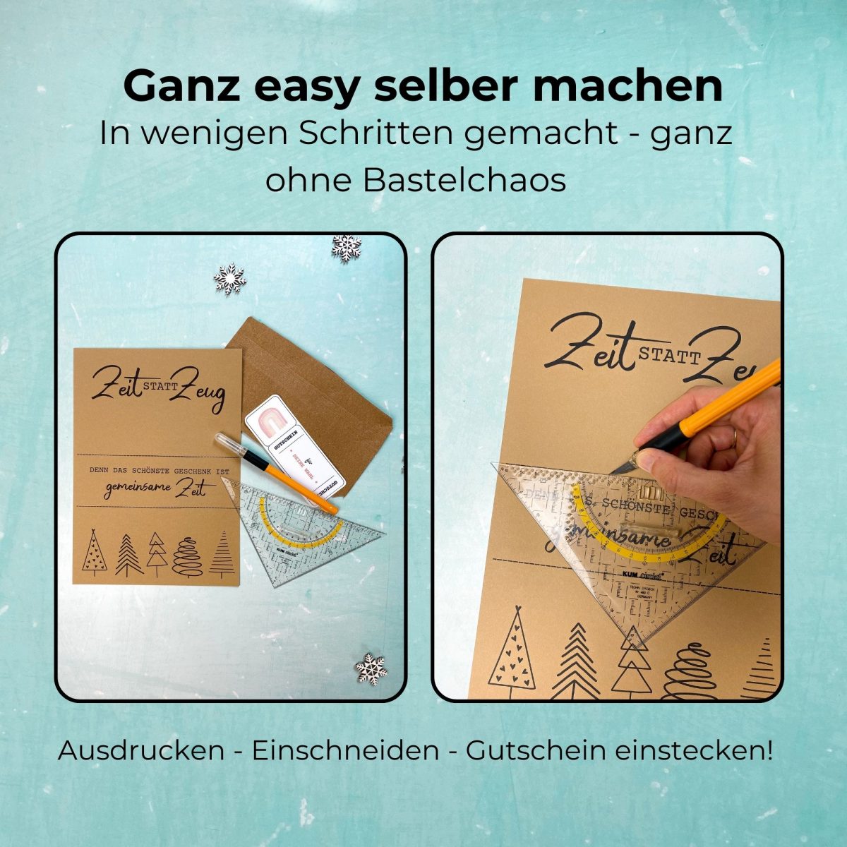 DIY Weihnachtsgeschenk: „Ganz easy selber machen – In wenigen Schritten ohne Bastelchaos“. Gutscheinposter Zeit statt Zeug mit Text „Denn das schönste Geschenk ist gemeinsame Zeit“. Weihnachten Zeit schenken mit PDF Druckvorlage zum Ausdrucken.