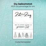 Du bekommst eine PDF Druckvorlage für ein Gutscheinposter mit der Aufschrift „Zeit statt Zeug – Denn das schönste Geschenk ist gemeinsame Zeit“. Weihnachten Zeit schenken als kreative Idee zum selber drucken.