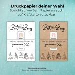 Druckpapier deiner Wahl: Sowohl auf weißem Papier als auch auf Kraftkarton druckbar. Gutscheinposter „Zeit statt Zeug – Denn das schönste Geschenk ist gemeinsame Zeit“. Weihnachten Zeit schenken als PDF Vorlage zum selber drucken.