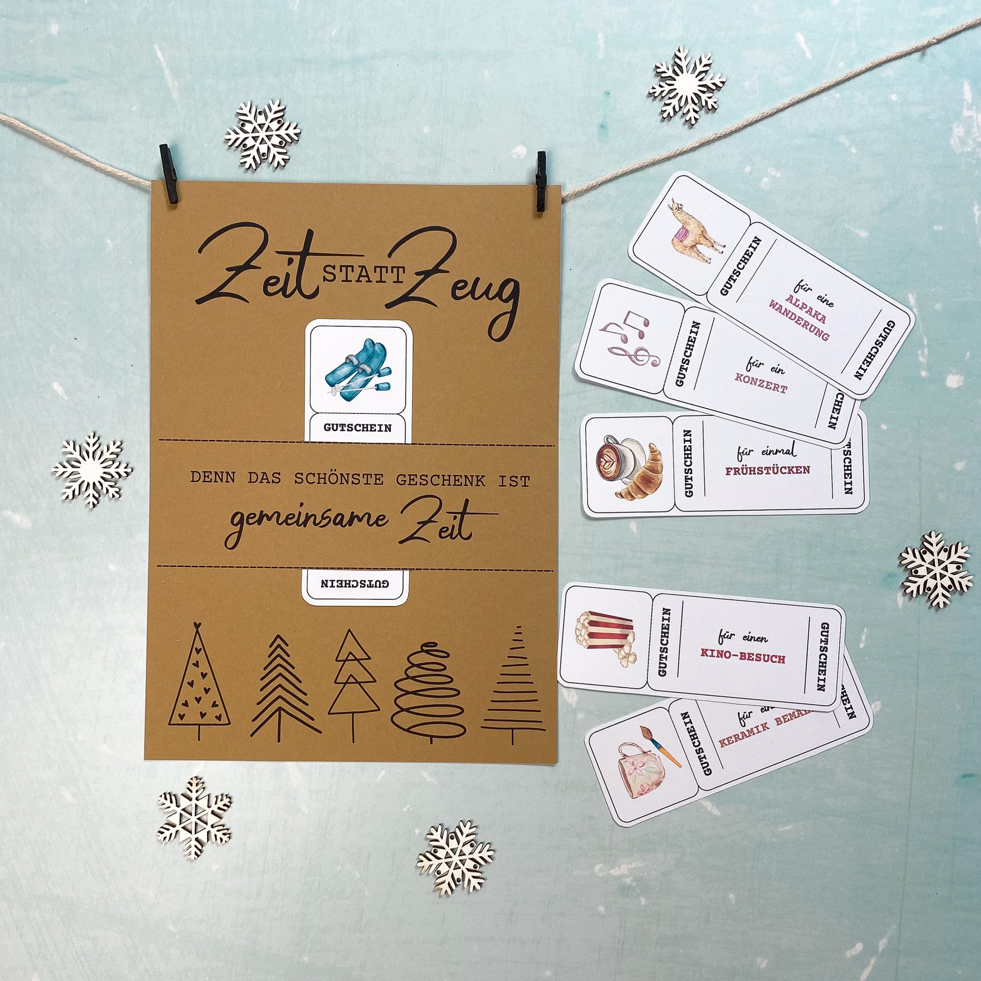Zeit statt Zeug an Weihnachten verschenken. Gutschein an Weihnachten wunderschön mit diesem Gutscheinposter verpacken.