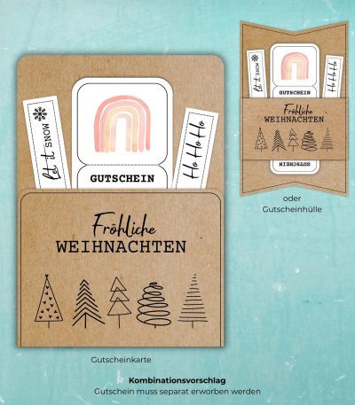Weihnachtsgutschein Vorlage als Kombinationsvorschlag: Gutschein in Karte oder Hülle mit Aufschrift „Fröhliche Weihnachten“ und Weihnachtsbaum-Motiven. Einstecker wie „Let it snow“ und „Ho Ho Ho“. Gutschein muss separat erworben werden.