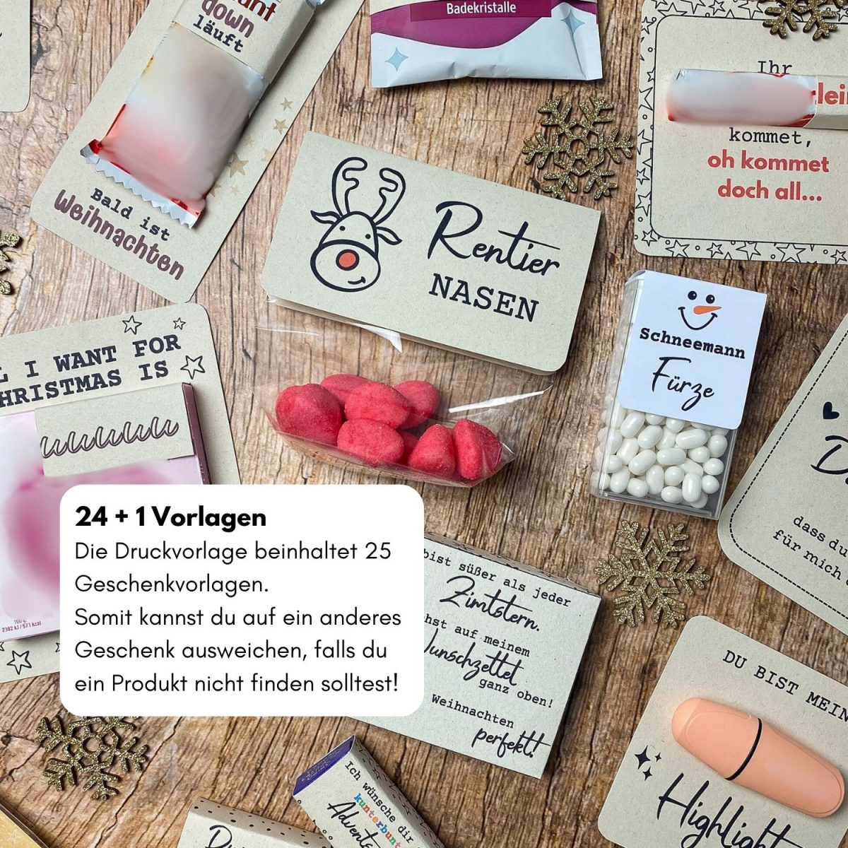 Übersicht der Adventskalender-Vorlagen mit Etiketten wie „Rentiernasen“ und „Schneemann Fürze“, roten Bonbons und bedruckten Karten mit Sprüchen. Text auf dem Bild: „24+1 Vorlagen – Die Druckvorlage beinhaltet 25 Geschenkvorlagen“. Ideal für einen lustigen Adventskalender zum Selbermachen.