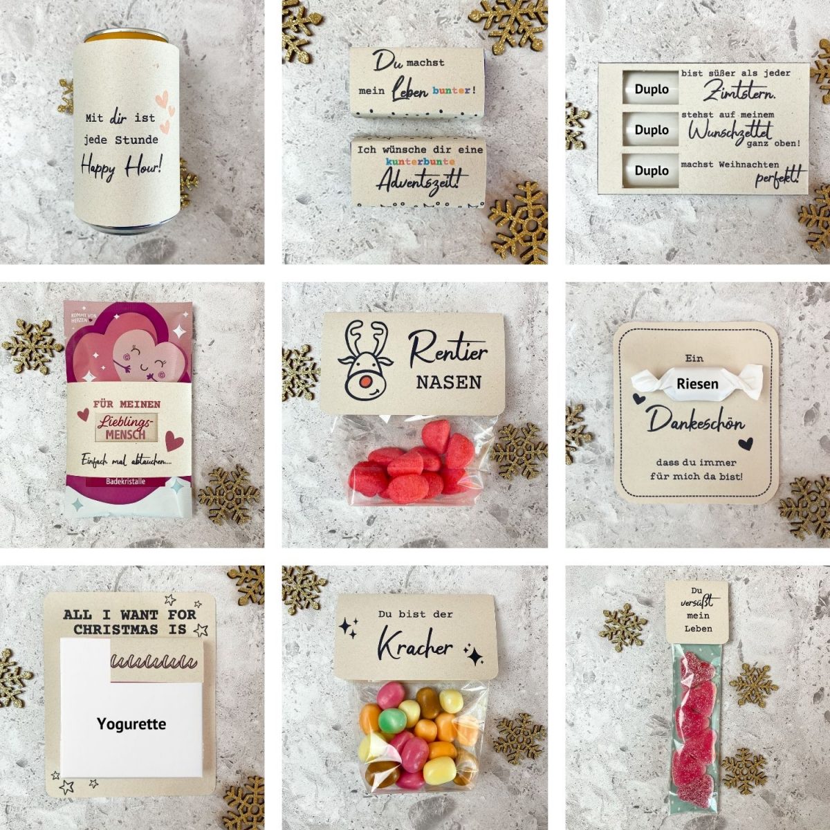 Neun verschiedene Adventskalender-Vorlagen mit witzigen Geschenkanhängern: „Mit dir ist jede Stunde Happy Hour“, „Für meinen Lieblingsmensch – Badekristalle“, „Rentiernasen“, „Du bist der Kracher“, „All I want for Christmas is Yogurette“. Lustige Adventskalender Druckvorlage für kreative Weihnachtsgeschenke.