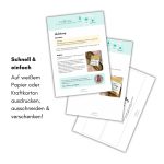 Abgebildet sind mehrere Seiten der Bastelanleitung mit Tipps zu Druckeinstellungen und Papierwahl. Perfekt für DIY Geschenke – einfach Vorlage ausdrucken, ausschneiden und um eine Tütensuppe wickeln.