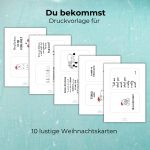 Druckvorlagen-Übersicht mit zehn lustigen Weihnachtskarten, beschriftet mit „Du bekommst Druckvorlage für 10 lustige Weihnachtskarten“. Ideal für schnellen DIY-Weihnachtsgruß.