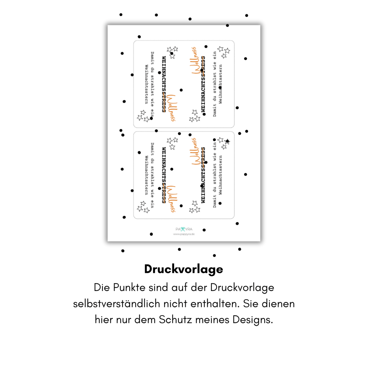 Abgebildet ist die digitale Druckvorlage „Wellness statt Weihnachtsstress“ mit zwei Karten pro Seite. Sterne und Handlettering-Design sorgen für eine liebevolle Optik. Ideal zum Basteln einer kleinen Weihnachtsüberraschung mit Gesichtsmaske oder Pflegeprodukt.