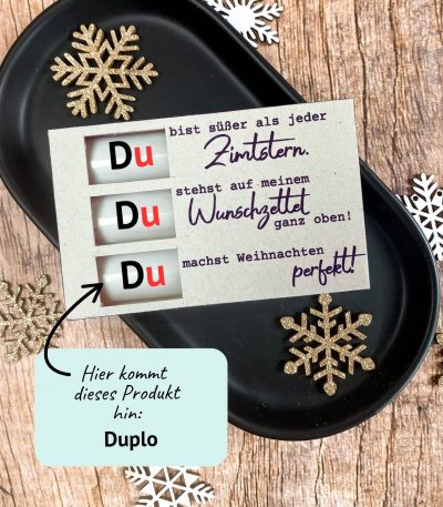 Lustige Geschenkidee mit drei Duplos und Aufschrift „Du bist süßer als jeder Zimtstern, stehst auf meinem Wunschzettel ganz oben, machst Weihnachten perfekt“. Perfekt als kleine Aufmerksamkeit oder Wichtelgeschenk zu Weihnachten.