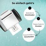 Schritt-für-Schritt-Anleitung für den Glühwein Gutschein: Download, Drucken, Ausschneiden und Verschenken. Darstellung mit Drucker und minimalistischer Grafik.