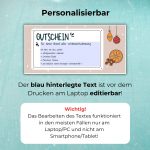 Screenshot der editierbaren Glühwein Gutschein Vorlage mit blau markiertem Textfeld. Hinweis: Anpassung nur am Laptop oder PC möglich.