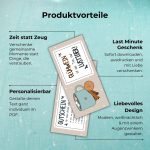 Übersicht der Vorteile der Glühwein Gutschein Vorlage: Zeit statt Zeug, personalisierbar, liebevolles Design, Last-Minute-Geschenk. Zwei gestaltete Karten mit Tasse Glühwein.