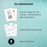 Darstellung des Lieferumfangs der Glühwein Gutschein Druckvorlage mit Vorder- und Rückseite des Gutscheins, Anleitung und Download-Symbol.