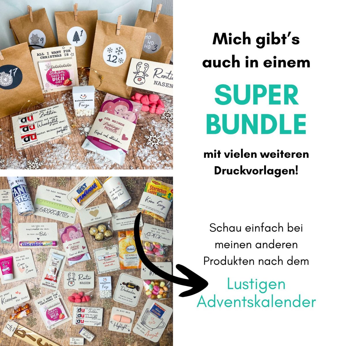 Übersicht mit mehreren Pappyra-Druckvorlagen, darunter Rentiernasen, Yogurette- und Duplo-Karten. Text verweist auf das Super-Bundle mit weiteren Geschenkideen. Perfekt für alle, die zu Weihnachten kleine Wellness- und Auszeitgeschenke verschenken möchten.