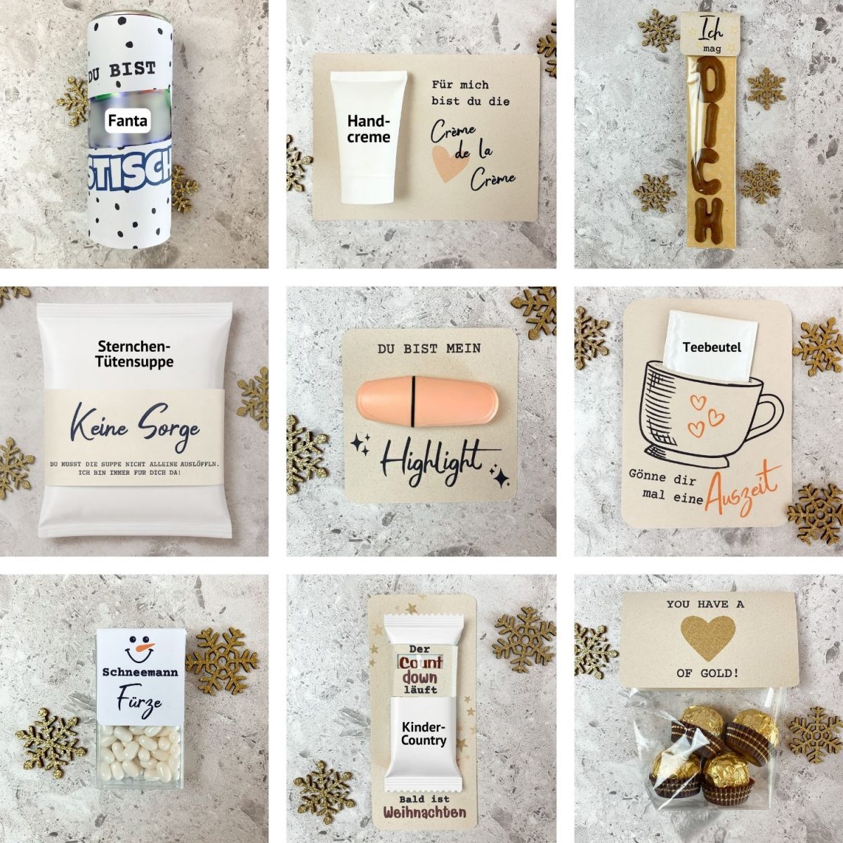 Verschiedene DIY Adventskalender Etiketten und Geschenkverpackungen: „Du bist fantastisch“, „Crème de la Crème“, „Ich mag Dich“, „Teebeutel – gönne dir mal eine Auszeit“, „Sternchen-Tütensuppe – keine Sorge“, „Schneemann Fürze“. Perfekte Weihnachtsvorlage zum Ausdrucken und Basteln eines humorvollen Adventskalenders.