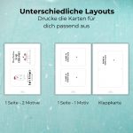 Vergleich von Layout-Varianten: 1 Seite mit 2 Motiven, 1 Seite mit 1 Motiv oder Klappkarte. Flexibel druckbare Weihnachtskarten in verschiedenen Formaten.
