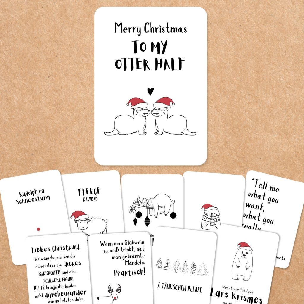 Set aus zehn humorvollen Weihnachtskarten mit Sprüchen wie „Merry Christmas to my otter half“ und minimalistischen Illustrationen. Perfekt zum Ausdrucken und Verschenken.