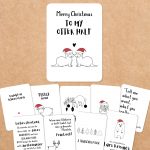 Set aus zehn humorvollen Weihnachtskarten mit Sprüchen wie „Merry Christmas to my otter half“ und minimalistischen Illustrationen. Perfekt zum Ausdrucken und Verschenken.